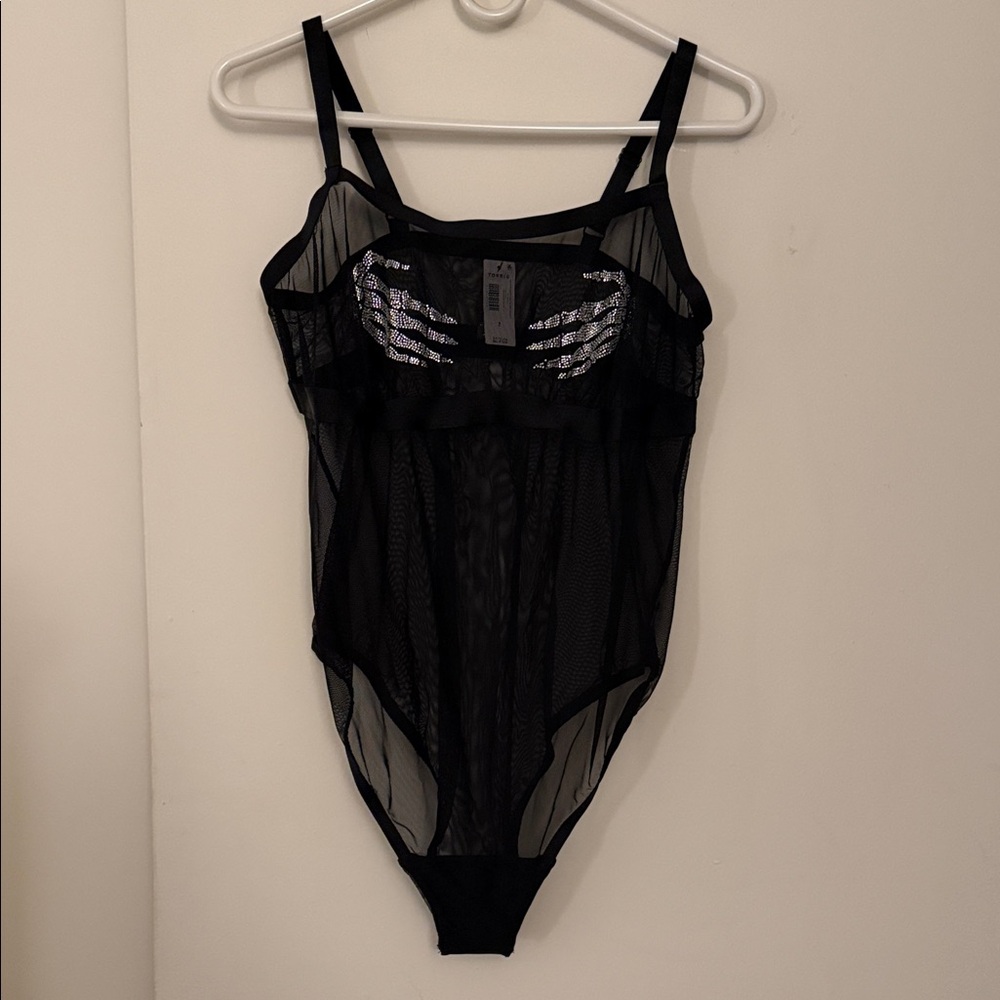 Torrid Black Bodysuit with Rhinestone Skeleton Hands